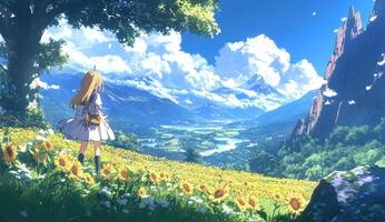 Girl in sunflower field, panoramic mountain view photo