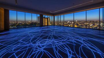 Elevated urban space with vibrant light trails photo