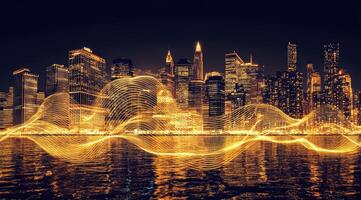 Golden city skyline at night, illuminated by dynamic light waves photo