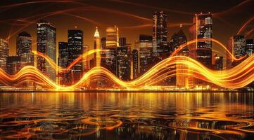 Cityscape at night, illuminated by vibrant energy lines photo