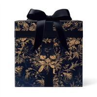 Dark navy gift box with gold floral pattern and black ribbon photo