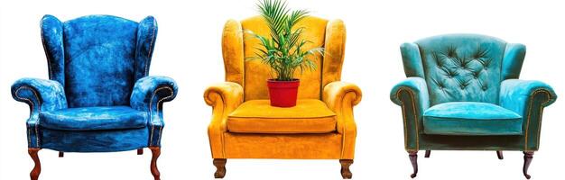 Three colorful wingback chairs photo