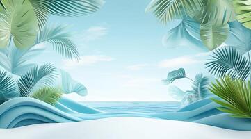 Tropical paradise scene with soft, pastel colors and stylized foliage photo