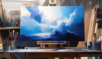 Abstract landscape painting on easel, vibrant blues and whites photo