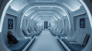 Futuristic, sleek corridor with seating photo