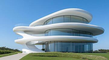 Modern, curved, white house with glass walls photo