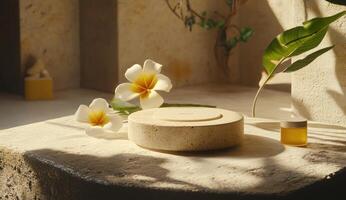 Beige pedestal display with flowers photo