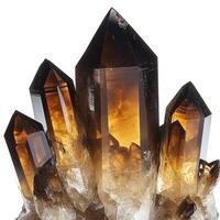 Cluster of lustrous, smoky quartz crystals photo