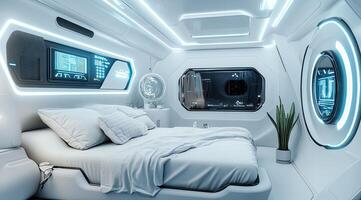 Futuristic, minimalist bedroom. Sleek, white interior with glowing accents, featuring a comfortable bed and a view photo