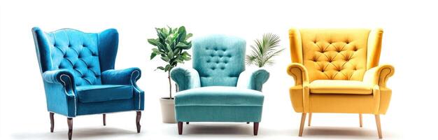 Three comfortable wingback chairs in different colors photo