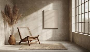 Minimalist, earthy interior with a wooden chair and pampas grass photo