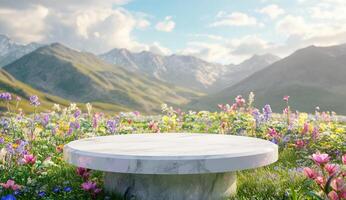 Empty marble podium in a vibrant flower field photo