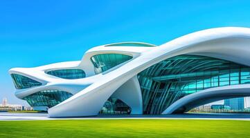 Modern, flowing, architectural structure against a clear blue sky. Exterior features smooth, white curves and teal-green glass panels photo