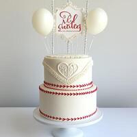 Elegant two-tiered cake with intricate cream frosting decorations, red accents, and decorative banner photo