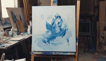 Abstract blue canvas art piece on easel in artist's studio photo
