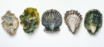 Collection of Various Seashells and Seaweed photo