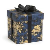 Small square gift box with a dark blue floral pattern and black ribbon photo