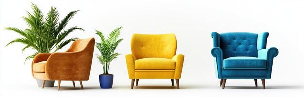 Three colorful chairs in front of a white background photo