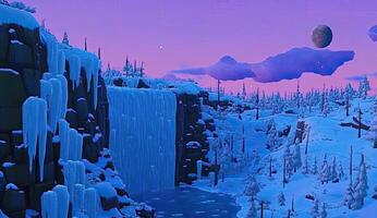 Frozen waterfall cascading down snowy cliffs, serene winter landscape photo