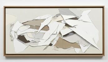 Abstract collage of fragmented, layered shapes in muted tones photo