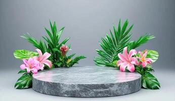 Elegant circular marble podium surrounded by lush tropical flowers and foliage photo