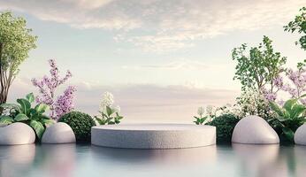 Empty display podium, surrounded by nature photo