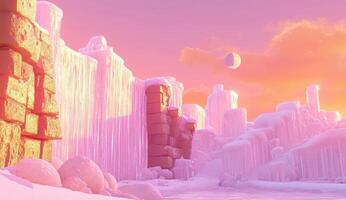 Frozen, pastel cityscape at dawn. Icicles, snow, and golden structures photo