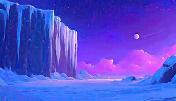 Frozen wasteland under a vibrant twilight sky photo
