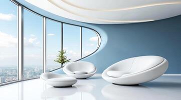 Modern, minimalist living area with sweeping city views photo