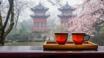 Tranquil tea in a misty garden photo