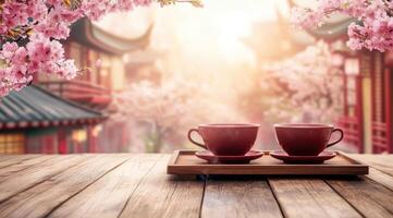 Tranquil tea scene amidst cherry blossoms photo