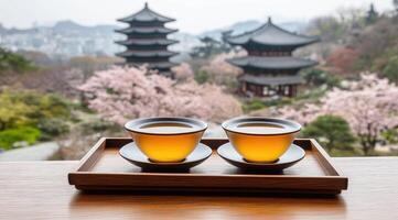 Tranquil tea in a serene garden setting photo