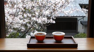 Tranquil tea ceremony by window with cherry blossoms photo