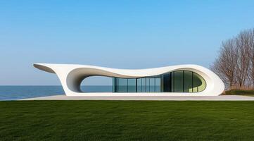 Modern coastal pavilion with flowing, white, organic forms photo
