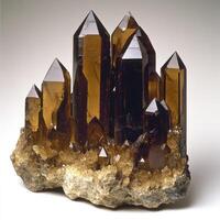 A cluster of lustrous, amber-brown crystals atop a rocky base photo