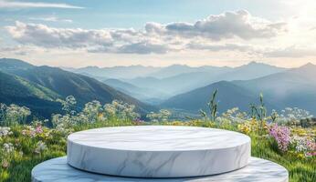 Marble podium on mountaintop meadow photo