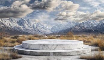 A marble podium in a mountain landscape photo