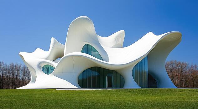 Modern, wavy, white building on a grassy knoll photo
