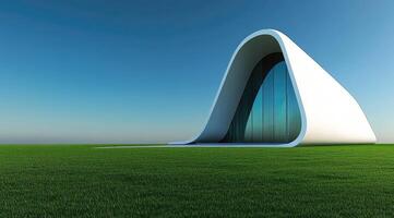Modern, curved building on a grassy plain photo