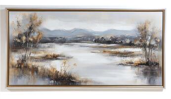 Serene landscape painting. Tranquil lake scene with hills and trees. Muted colors, soft brushstrokes photo