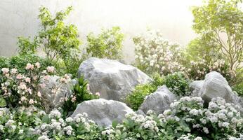 Blossoming rockscape. Sunlight filters through lush greenery photo