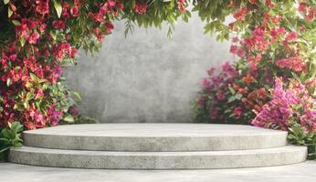 Empty stone podium surrounded by vibrant flowers photo