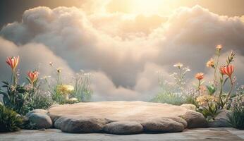 A serene, sunlit platform amidst clouds and flowers photo