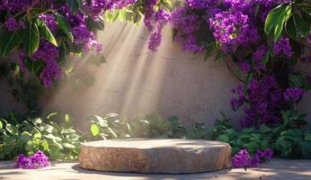 Sunlit stone platform amidst vibrant purple flowers photo