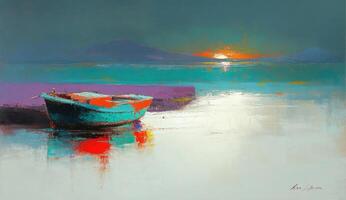Tranquil seascape with a small boat at dawn. Colorful reflection on the water photo
