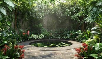Lush tropical garden courtyard with a pond photo