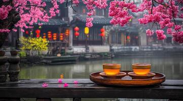 Tranquil tea moment amidst blossoming trees and ancient Chinese houses photo