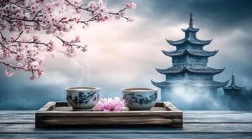 Tranquil tea ceremony amidst cherry blossoms and ancient pagoda photo
