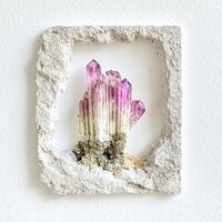 Pink crystal cluster in a textured stone frame photo