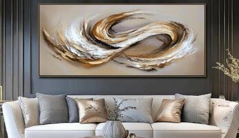 Abstract swirling art piece in beige and gold tones photo